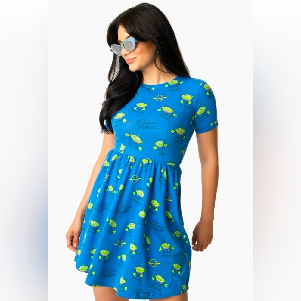 Unique Vintage x Cakeworthy Disney Toy Story Pizza Planet Aliens Skater Dress M